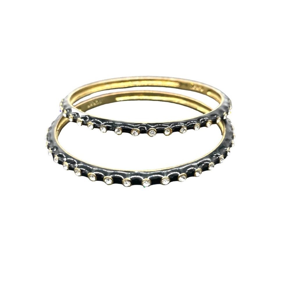 J. Crew Clear Rhinestone Black Enamel Bangle Bracelet Set of Two Gold Tone